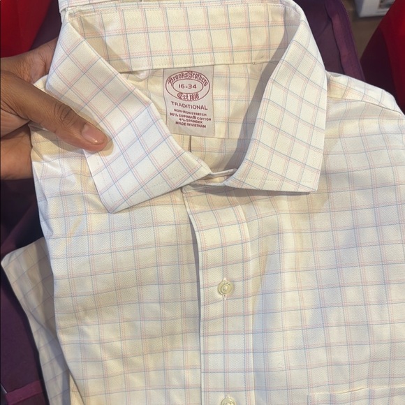 Brooks Brothers Men's Cream and Blue Checkered Dress Shirt